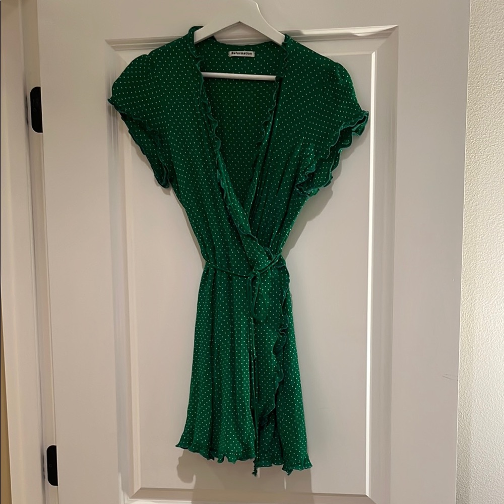 Reformation Green Polka Dot wrap dress